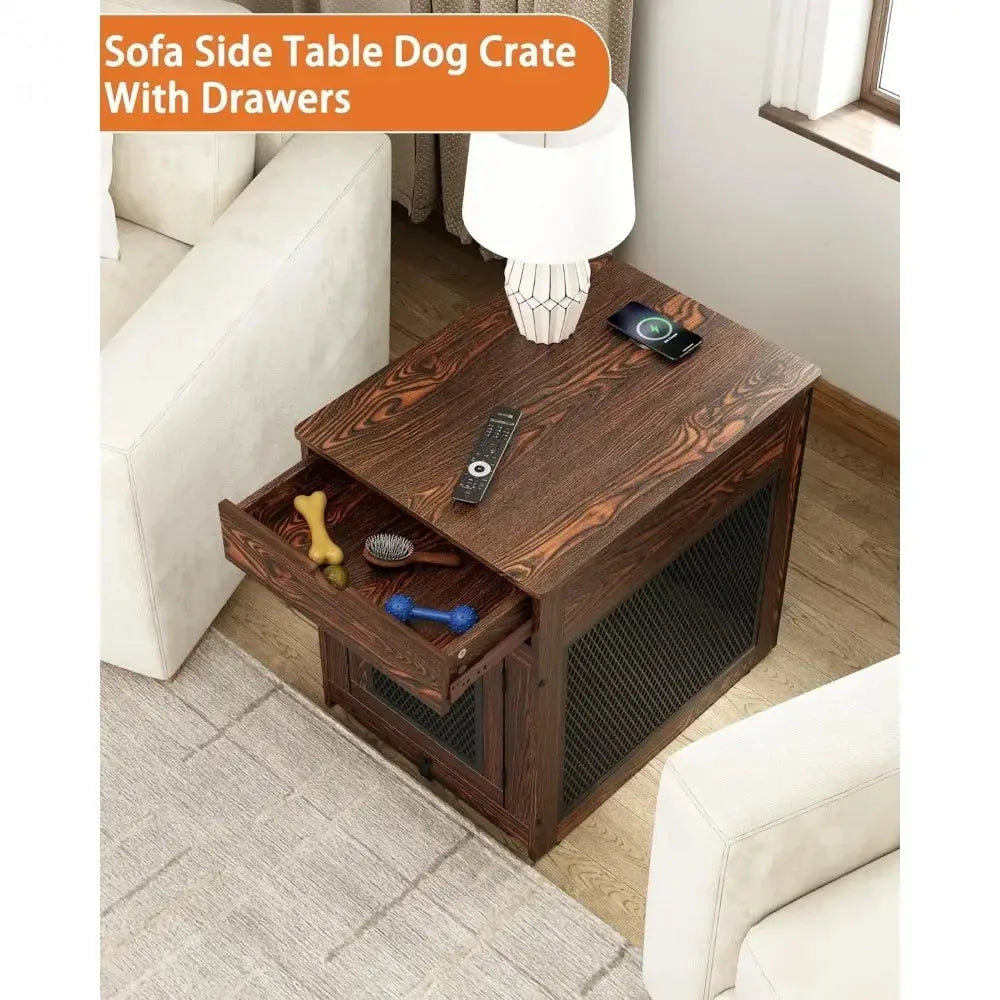 2025 New Wooden Dog Crate End Table with Storage and QC3.0 Wireless Charging Allen Cozy Haven Store