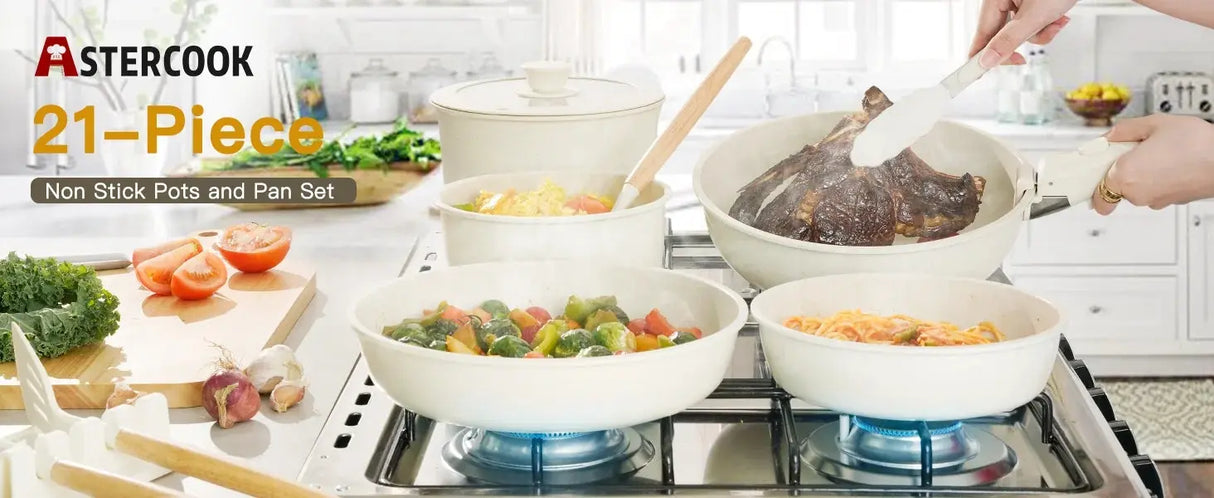 21 Piece Pots and Pans Set Non-Stick, Astercook Ceramic Cookware Set with Sensor Handles, Milky white Allen Cozy Haven Store