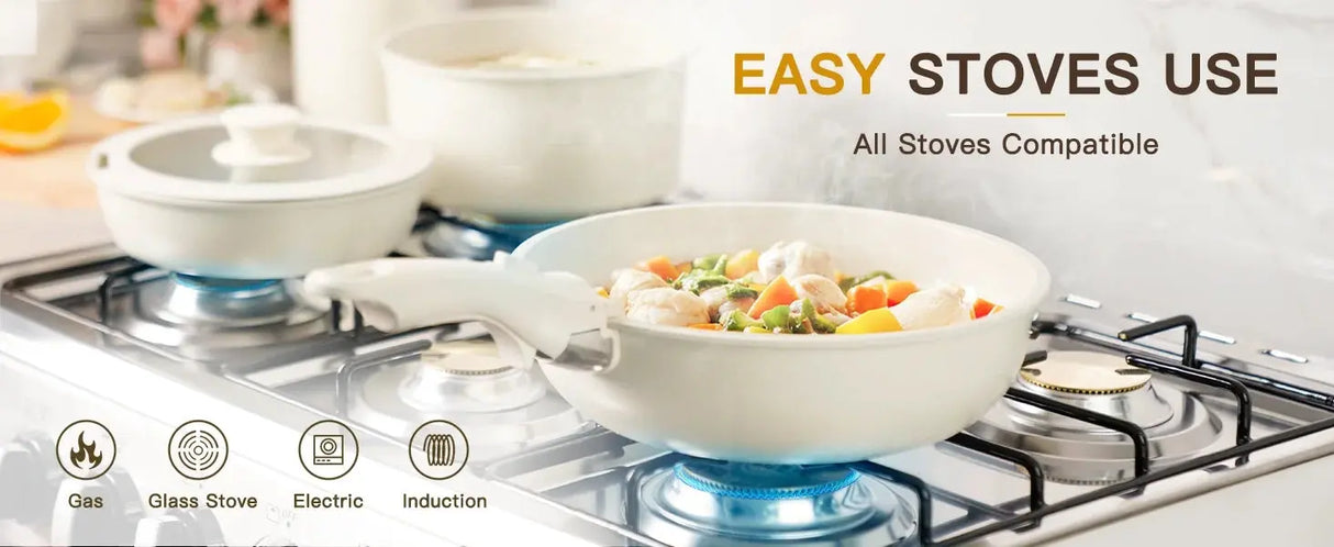 21 Piece Pots and Pans Set Non-Stick, Astercook Ceramic Cookware Set with Sensor Handles, Milky white Allen Cozy Haven Store
