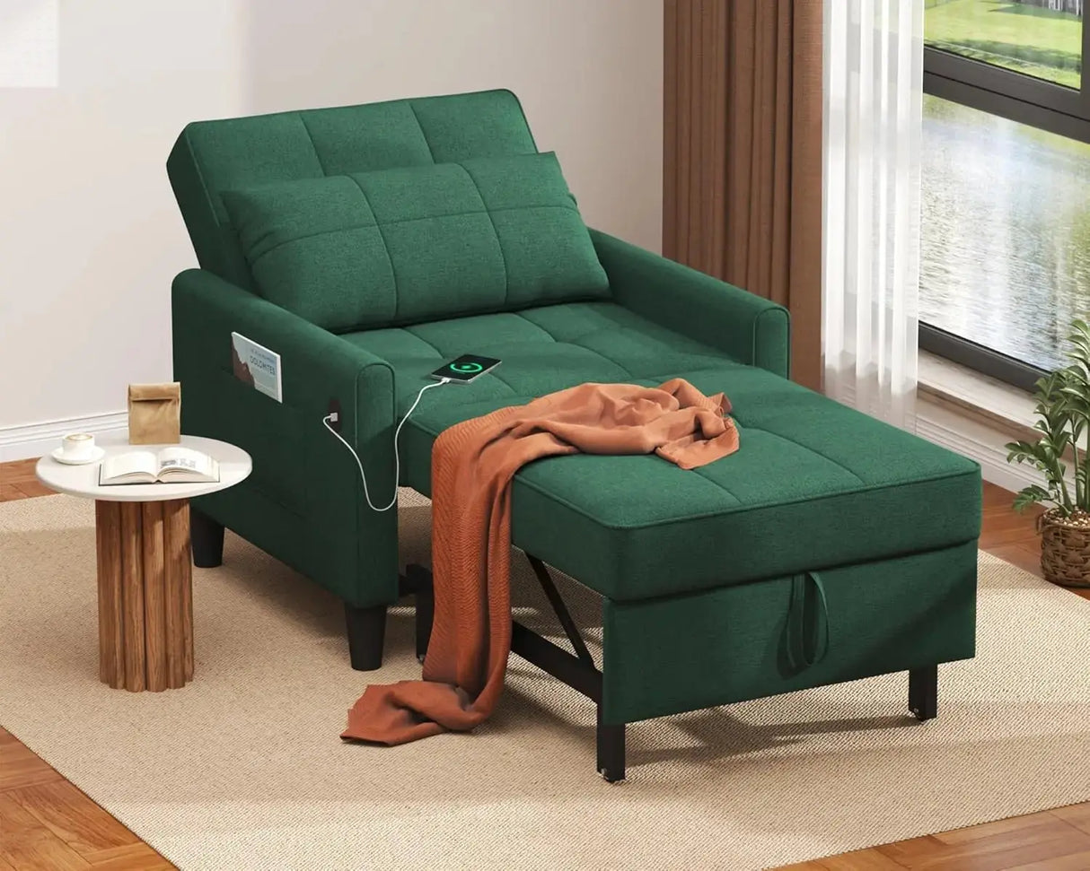 "3-in-1 Sleeper Chair - Convertible Futon with USB Ports & Side Pockets, Adjustable Recliner for Small Spaces & Bedrooms" Allen Cozy Haven Store