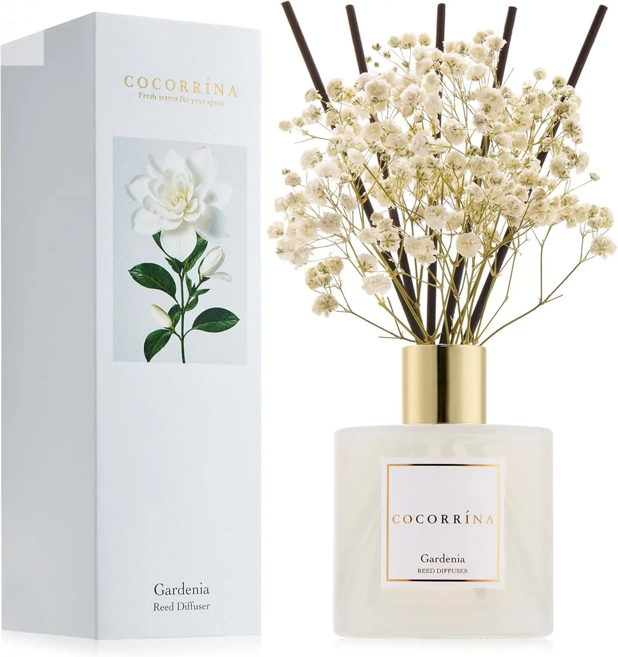COCORRÍNA Reed Diffuser - Gardenia 6.7 Fl.oz Reed Diffuser Set with Sticks & Preserved Baby's Breath, Reed Diffuser for Home Bathroom Shelf Decor Allen Cozy Haven Store