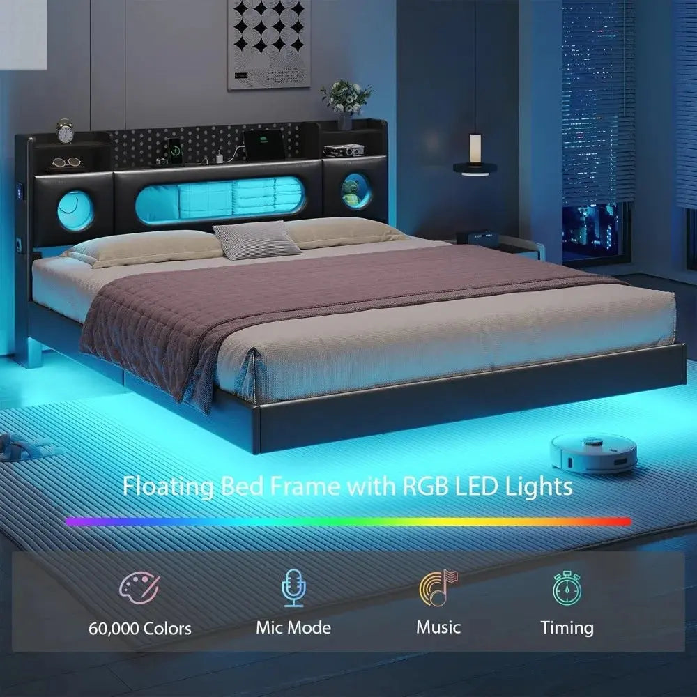 California King Floating Bed Frame with LED Lights, Storage Headboard, Noise-Free, Easy Assembly, No Box Spring Needed Allen Cozy Haven Store