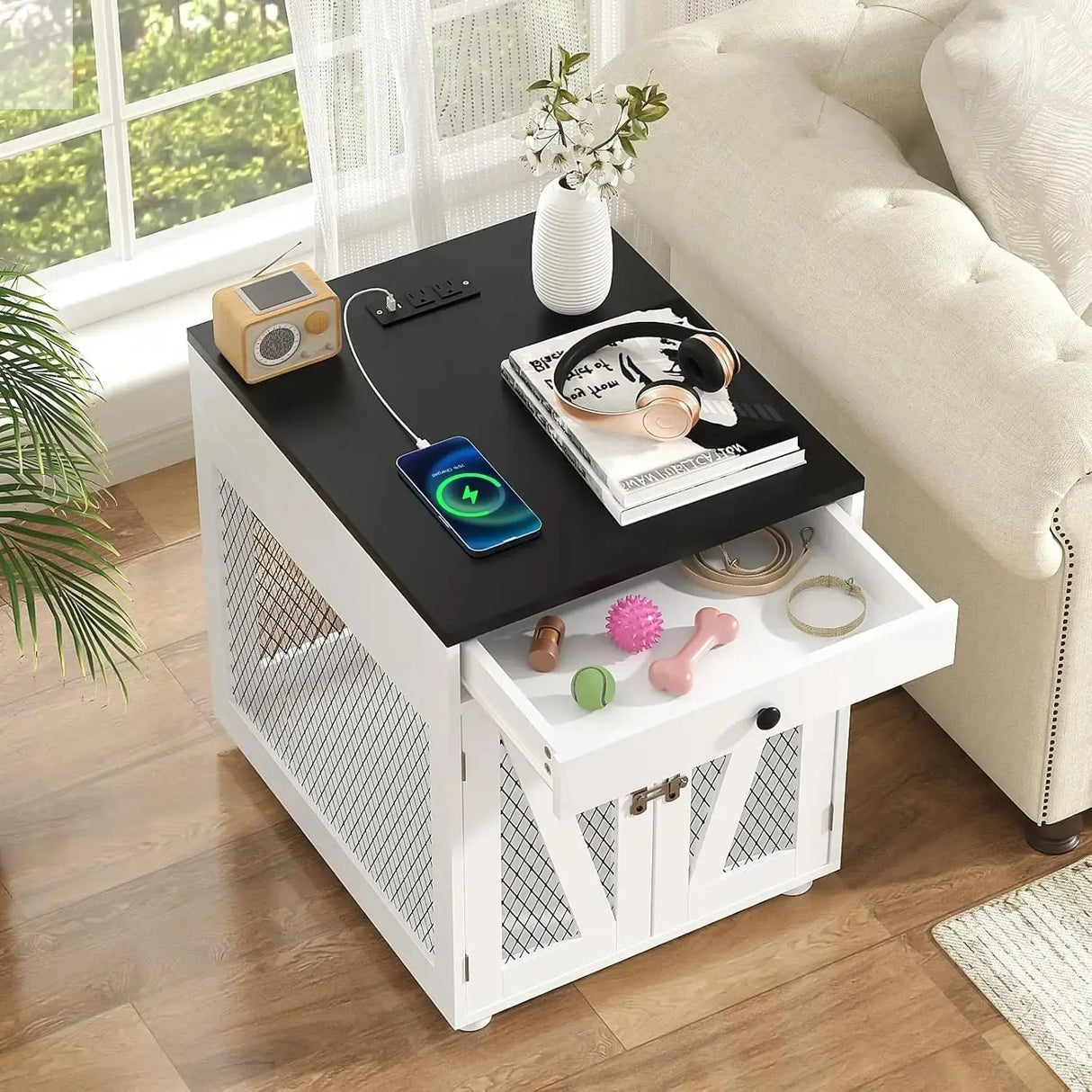 Dog Crate Furniture, Wooden Dog Kennel End Table with USB Charging Station, Storage Drawer, Double Latched Door, Furnitu Allen Cozy Haven Store