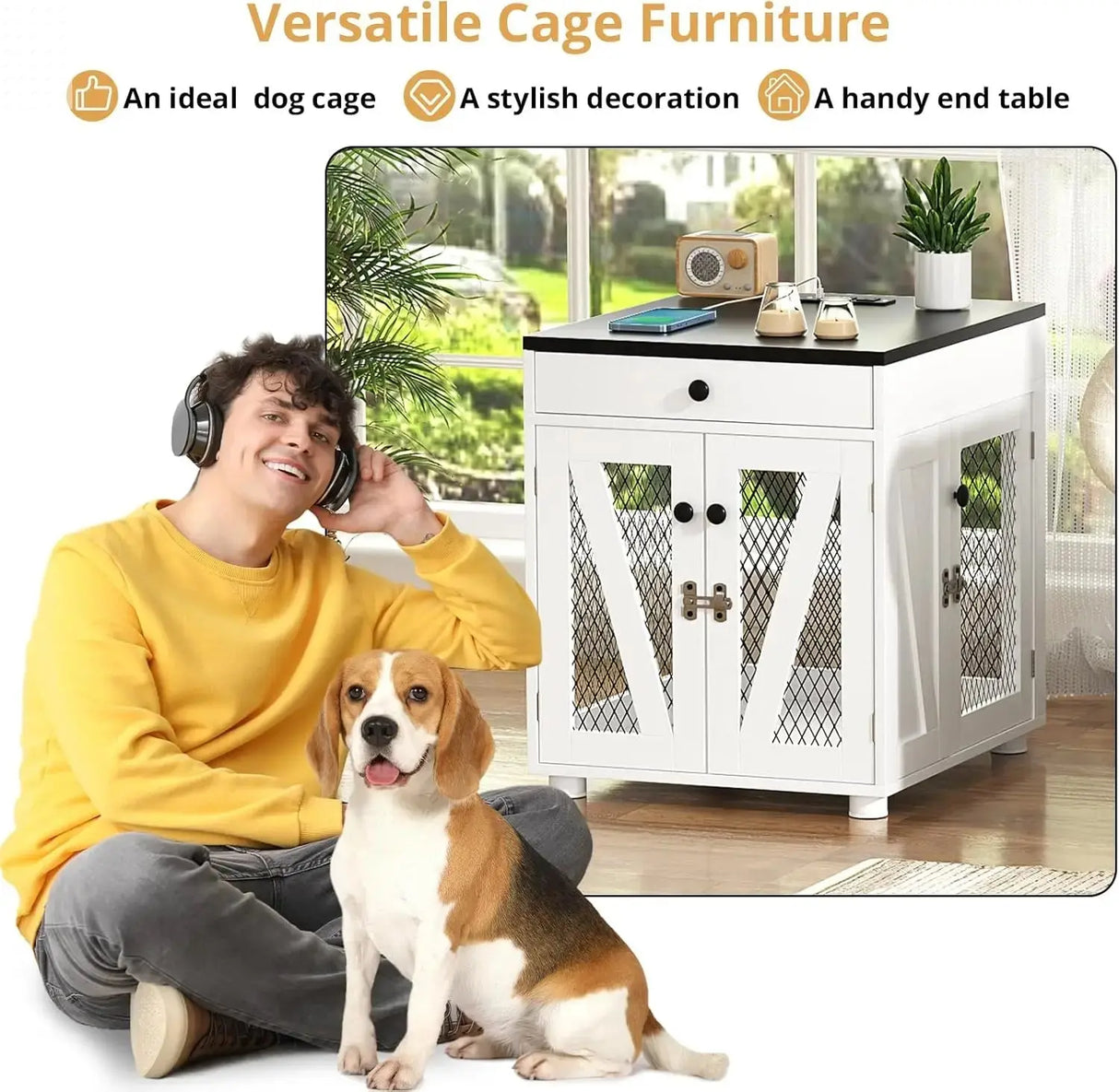 Dog Crate Furniture, Wooden Dog Kennel End Table with USB Charging Station, Storage Drawer, Double Latched Door, Furnitu Allen Cozy Haven Store