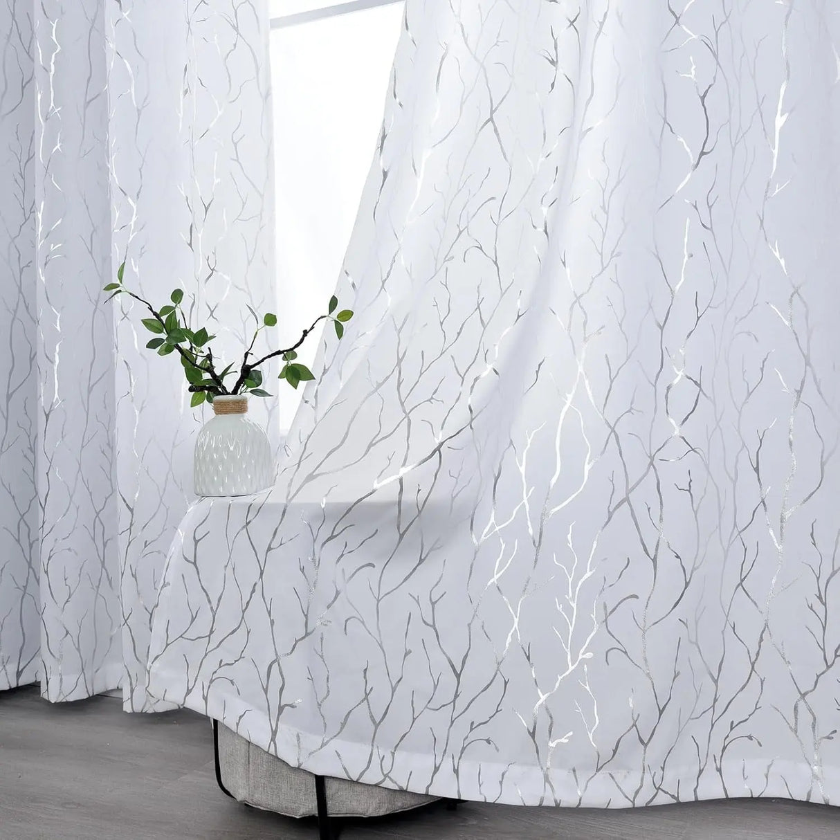 Elegant Tree Branch Sheer Curtains for Bedroom - Metallic Gold and White Grommet Window Treatment Set, 63 Inch Length, 2 Panels (52 x 63 Inch)-Allen Cozy Haven Store