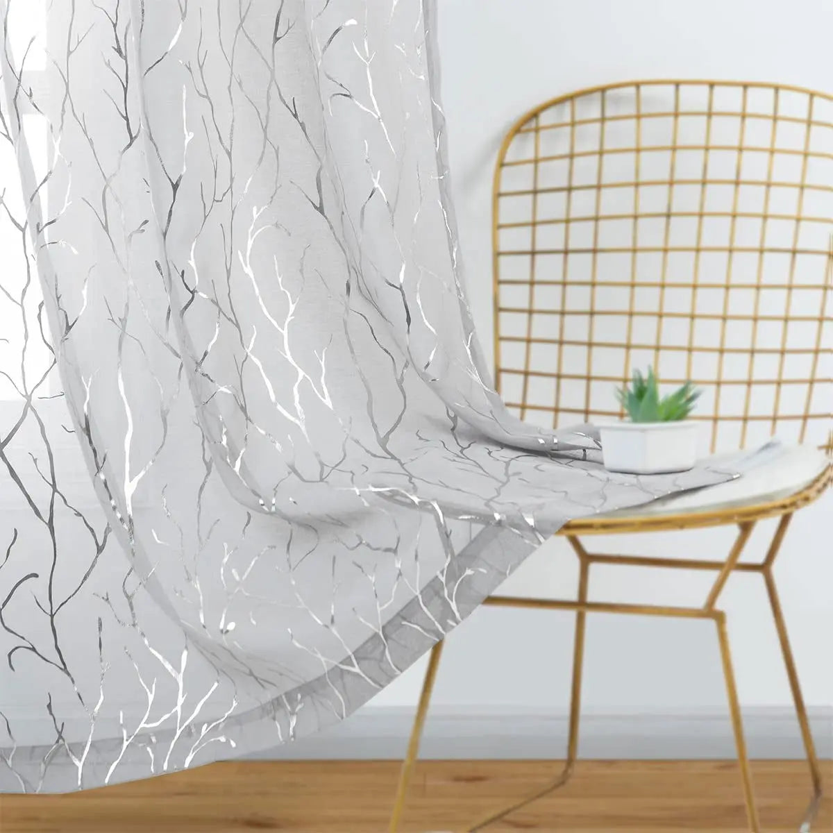 Elegant Tree Branch Sheer Curtains for Bedroom - Metallic Gold and White Grommet Window Treatment Set, 63 Inch Length, 2 Panels (52 x 63 Inch)-Allen Cozy Haven Store