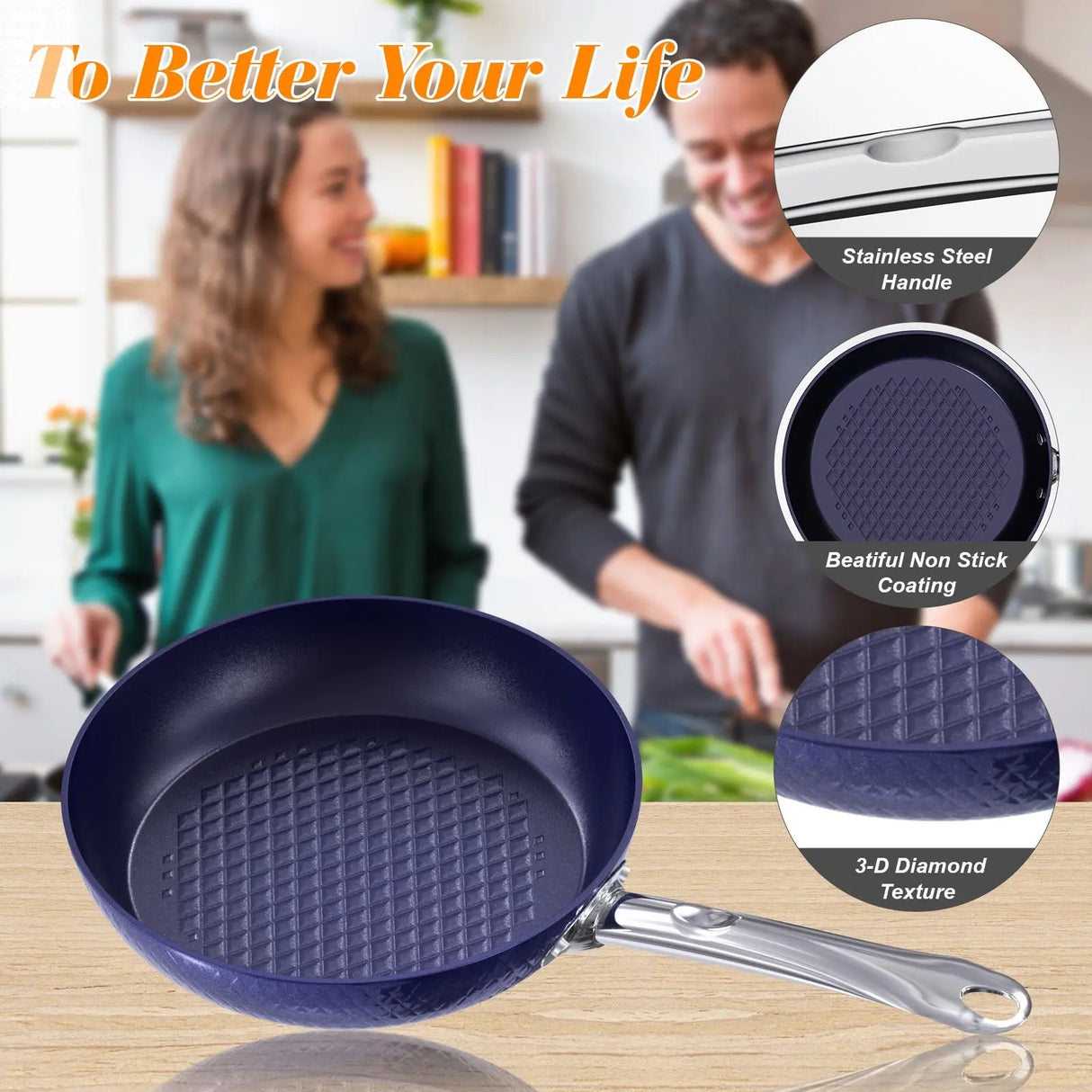 Frying Pan Sets Non Stick 3Pieces Blue 3D Diamond Cookware Allen Cozy Haven Store
