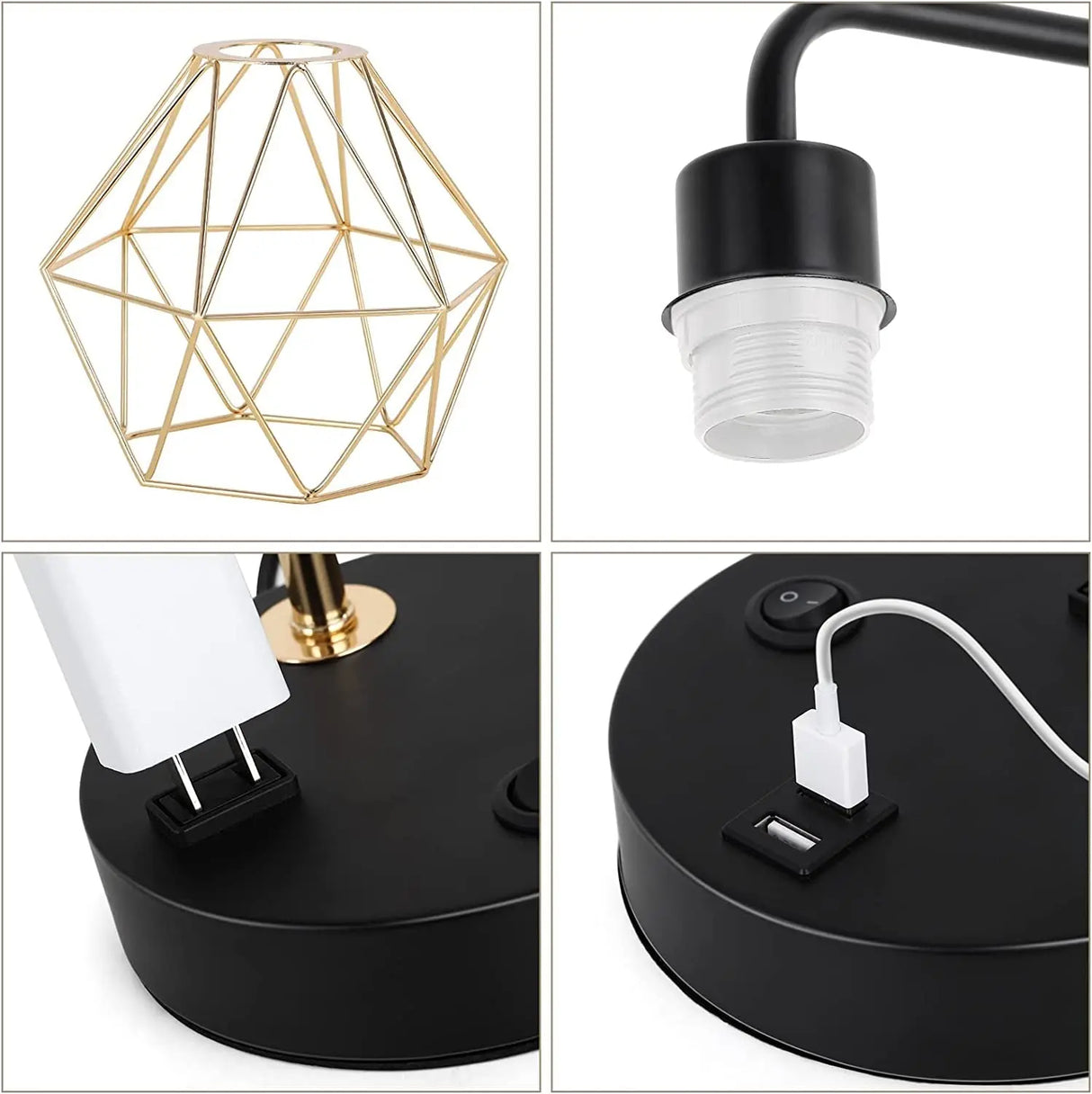 Industrial USB Desk Lamp, Edison Desk Lamp Gold Metal Cage Table Lamp with 2 USB Ports and 1 AC Outlet-Allen Cozy Haven Store