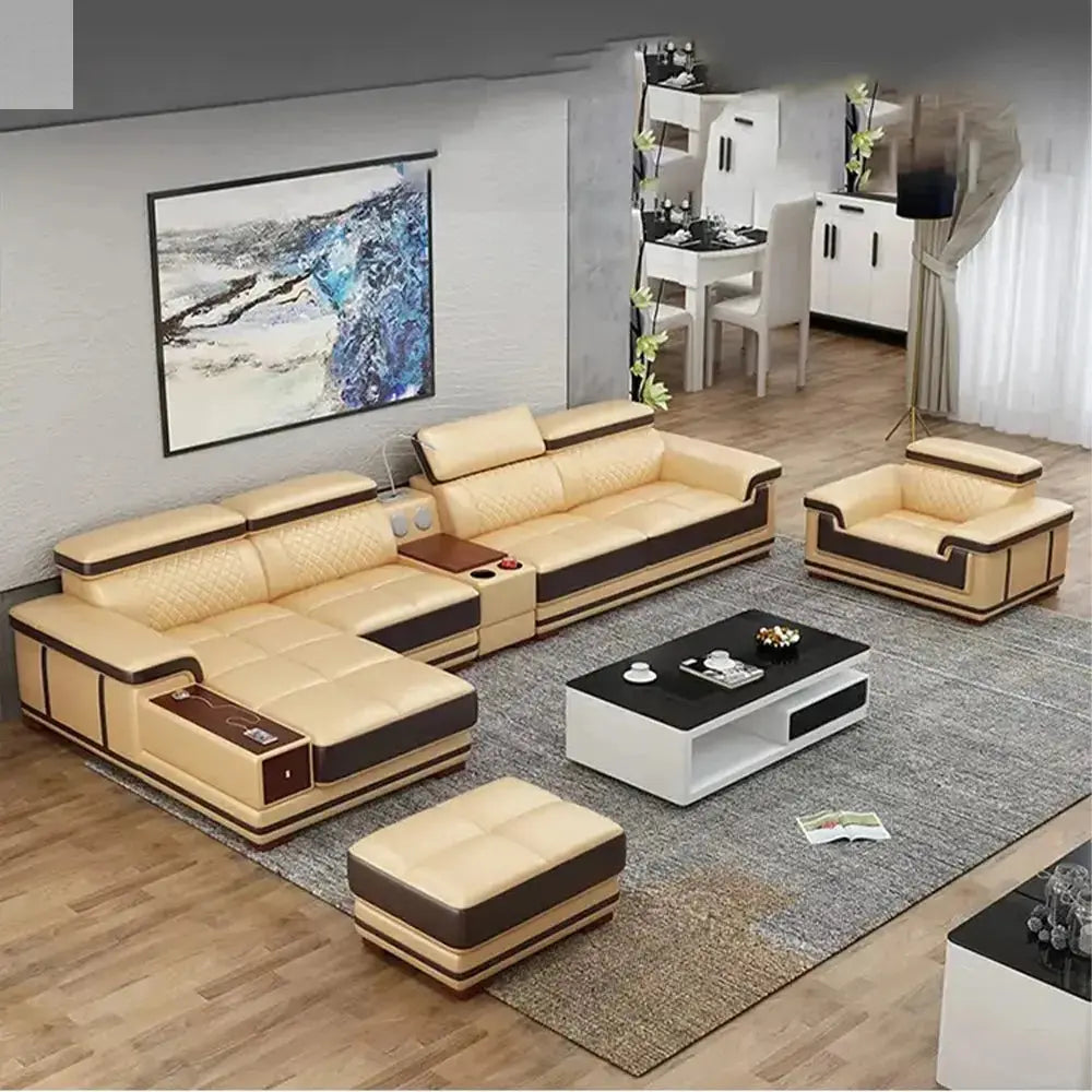 Italian Genuine Leather Sectional Sofa Set with Adjustable Headrests and Bluetooth Speaker Allen Cozy Haven Store