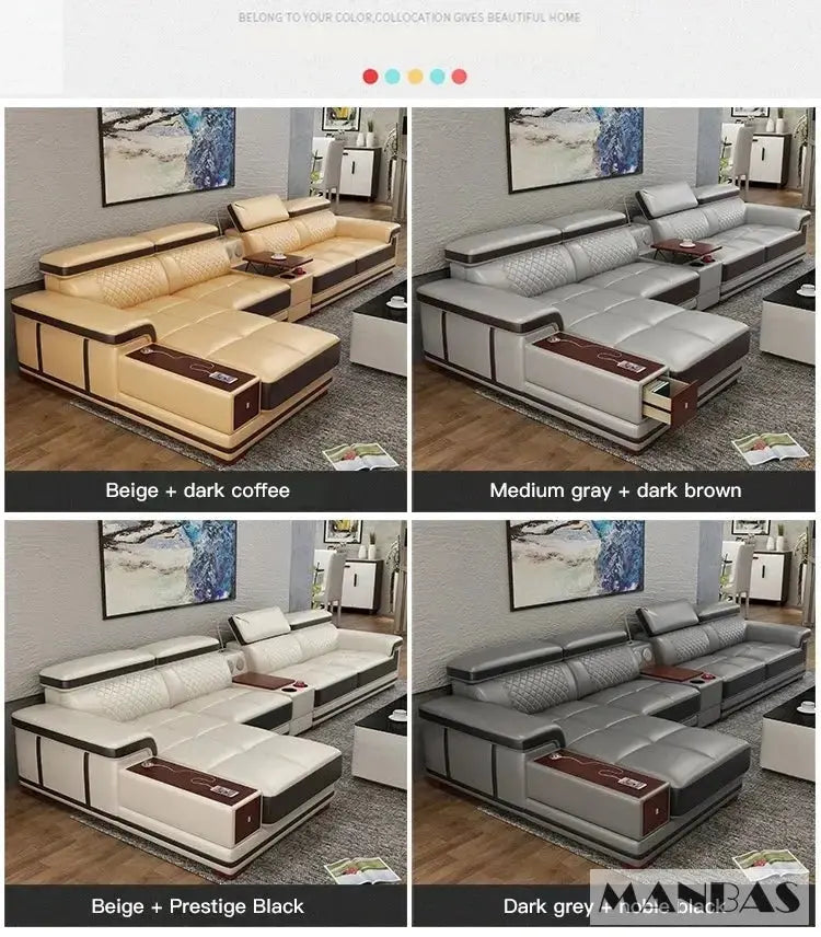 Italian Genuine Leather Sectional Sofa Set with Adjustable Headrests and Bluetooth Speaker Allen Cozy Haven Store