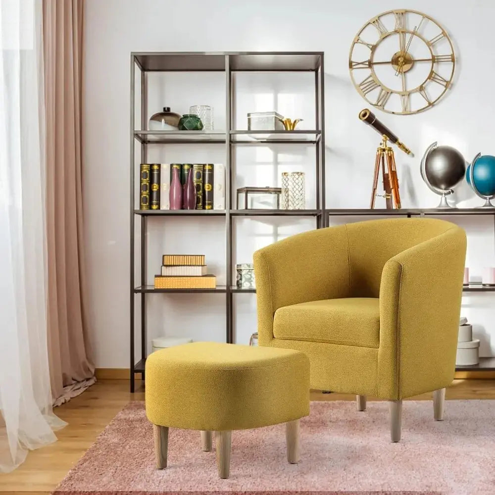 Modern Accent Chair, Upholstered Arm Chair Linen Fabric Single Sofa Chair with Ottoman Foot Rest Mustard Yellow Comfy Armchair f Allen Cozy Haven Store
