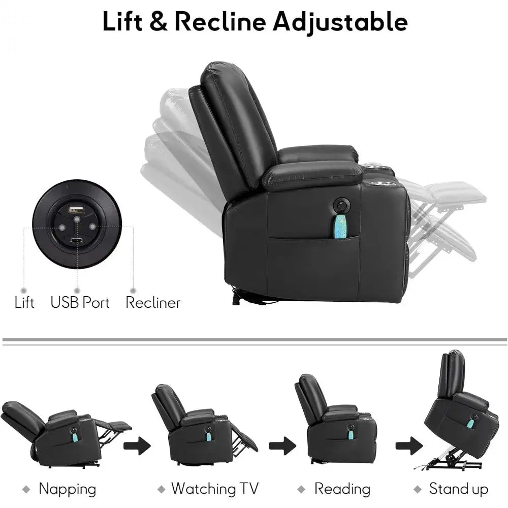 Power Lift Chair with Heat and Massage, with 2 Cup Holders, Side Pocket, USB and Type-c Port, Faux Leather Lift Recliner Chair Allen Cozy Haven Store