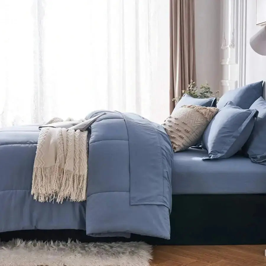 Solid Blue Microfiber Comforter Set Queen - Lightweight, All-Season, 4-Piece Bedding Allen Cozy Haven Store