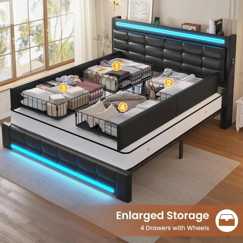 US Shipping Queen Bed Frame with Storage Headboard 4 Drawers LED Lights Charging Station Leather Upholstered Platform Bed No Allen Cozy Haven Store