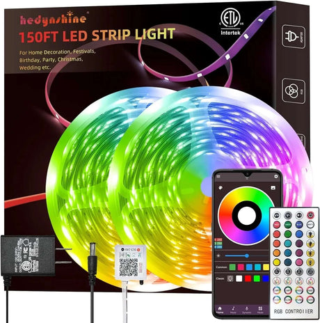 150ft Smart RGB LED Strip Lights with Music Synchronization and 40-Key Remote Control, Mobile Device Compatible for Bedroom Ambiance-Allen Cozy Haven Store