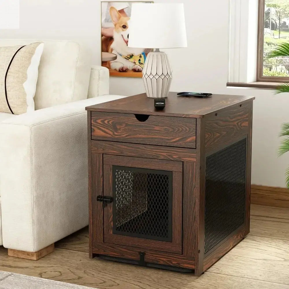 2025 New Wooden Dog Crate End Table with Storage  and QC3.0 Wireless Charging Allen Cozy Haven Store