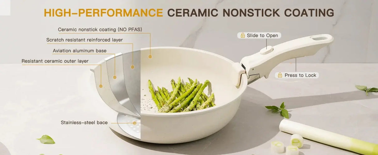 21 Piece Pots and Pans Set Non-Stick, Astercook Ceramic Cookware Set with Sensor Handles, Milky white Allen Cozy Haven Store