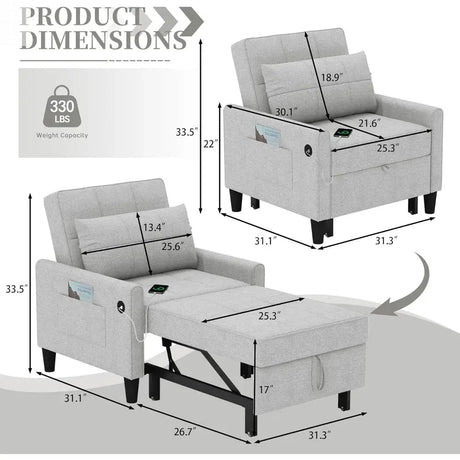 "3-in-1 Sleeper Chair - Convertible Futon with USB Ports & Side Pockets, Adjustable Recliner for Small Spaces & Bedrooms" Allen Cozy Haven Store