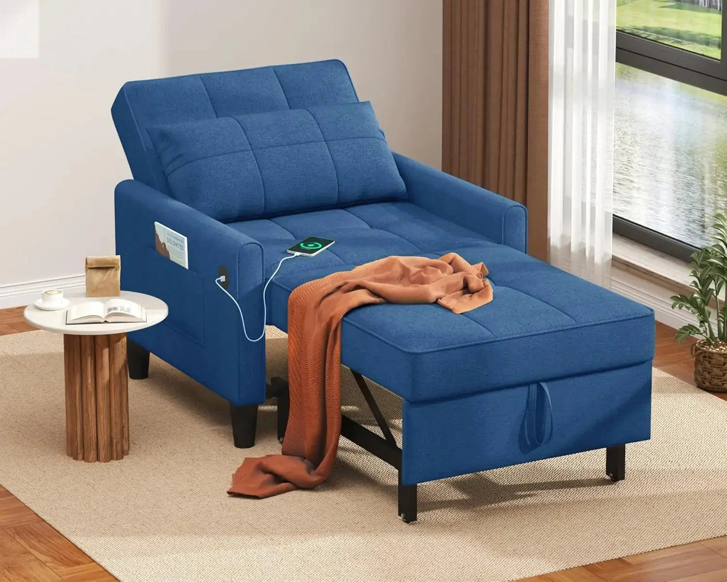 "3-in-1 Sleeper Chair - Convertible Futon with USB Ports & Side Pockets, Adjustable Recliner for Small Spaces & Bedrooms" Allen Cozy Haven Store