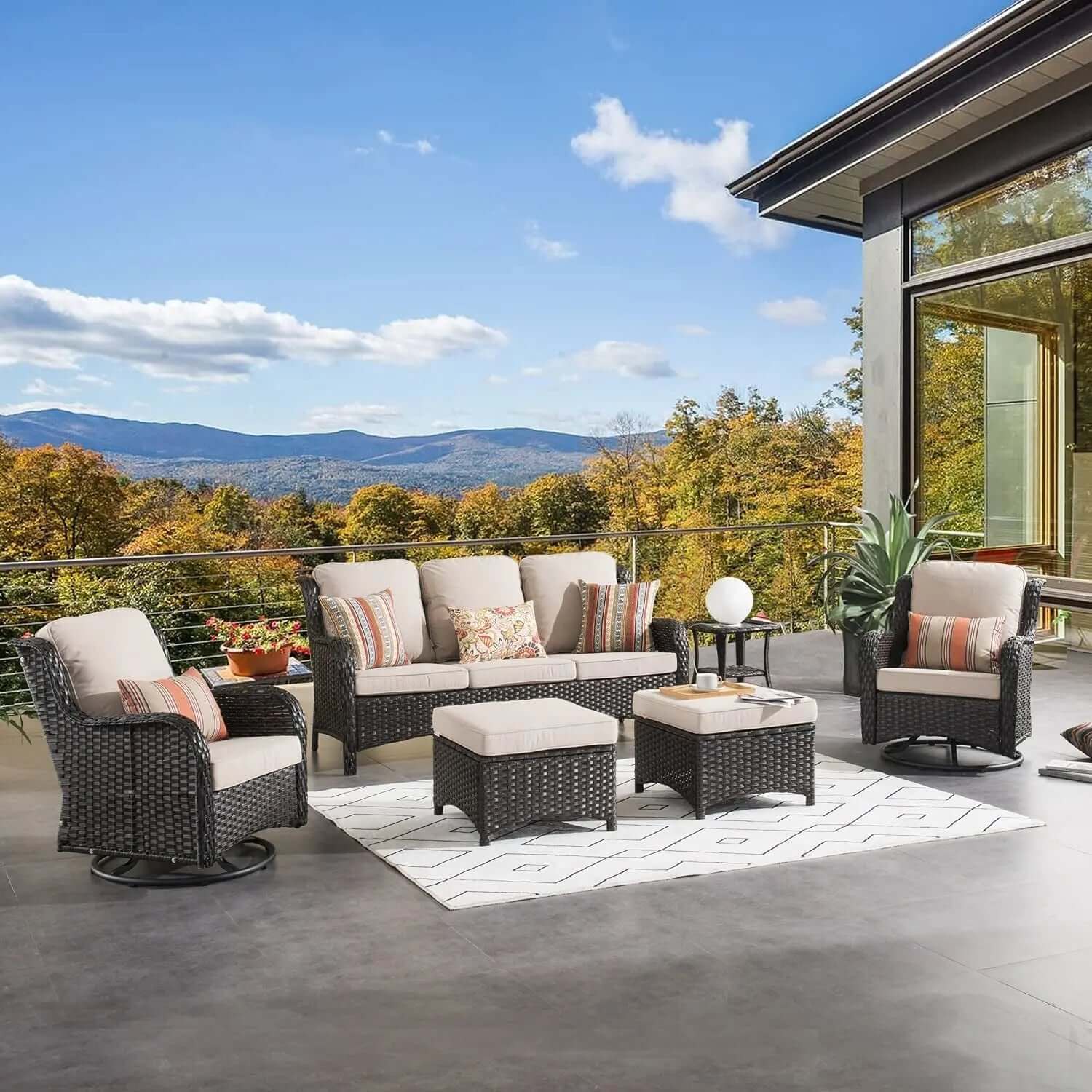 6-Piece All-Weather Wicker Patio Furniture Set with Swivel Rocking Chairs and High Back Sofa-Allen Cozy Haven Store