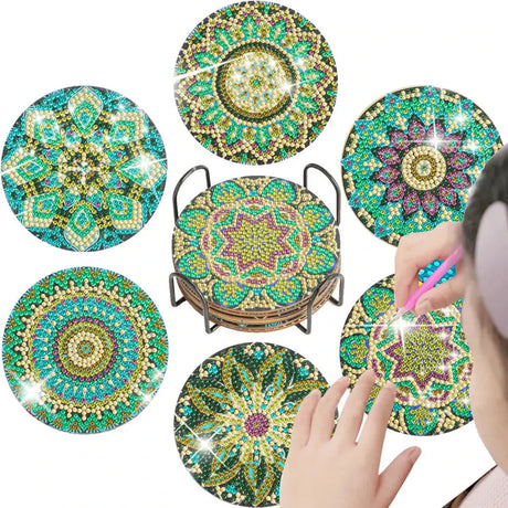 6-Piece Mandala Diamond Painting Coaster Set with Holder - Art Kits-Allen Cozy Haven Store