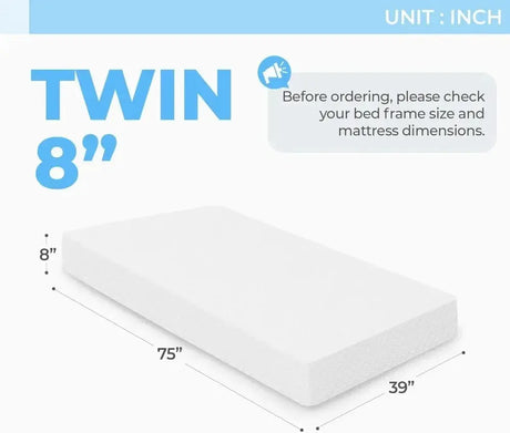 8 Inch Twin Cooling Gel Memory Foam Mattress Medium Firm CertiPUR-US Certified Enhanced Pressure Relief Removable Cover Allen Cozy Haven Store