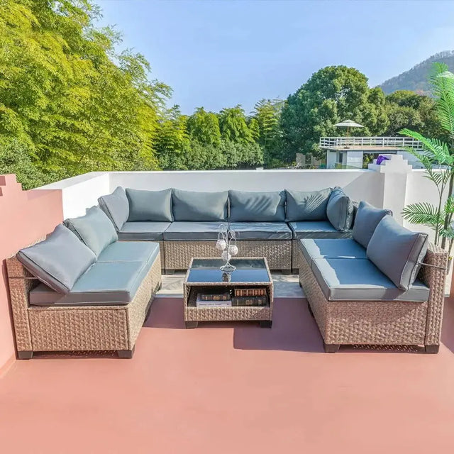 9-Piece All-Weather Patio Furniture Set with Cushions and Storage Table for Outdoor Comfort-Allen Cozy Haven Store