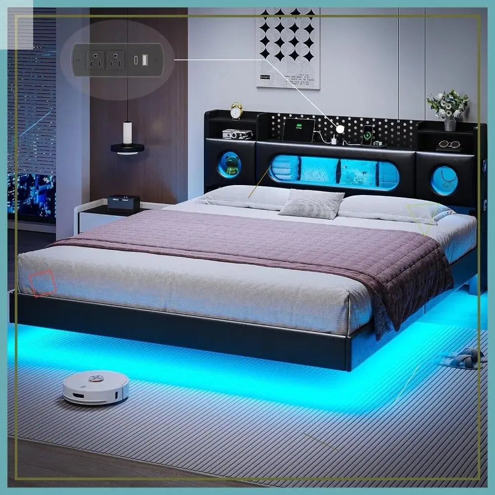 California King Floating Bed Frame with LED Lights, Storage Headboard, Noise-Free, Easy Assembly, No Box Spring Needed Allen Cozy Haven Store