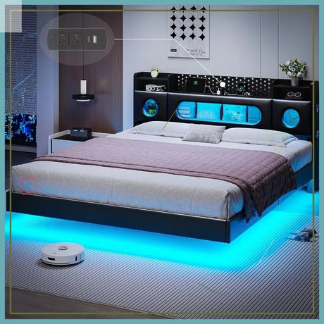 California King Floating Bed Frame with LED Lights, Storage Headboard, Noise-Free, Easy Assembly, No Box Spring Needed Allen Cozy Haven Store