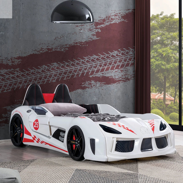 Dash Twin Race Car Bed for Kids with LED Lights and Sound, White Allen Cozy Haven Store