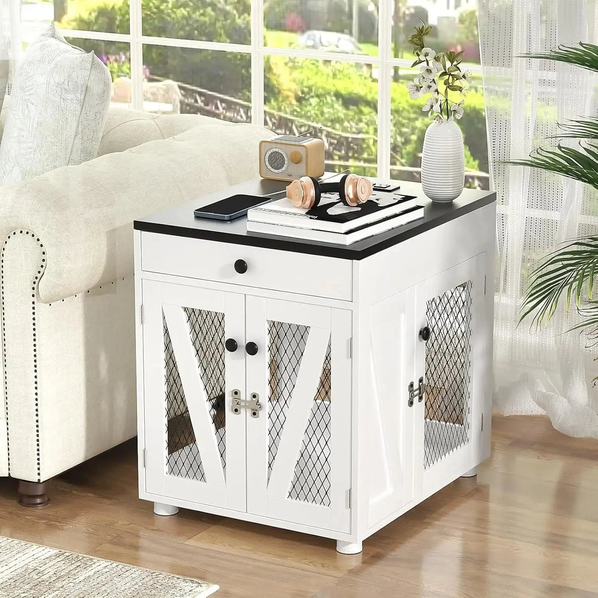 Dog Crate Furniture, Wooden Dog Kennel End Table with USB Charging Station, Storage Drawer, Double Latched Door, Furnitu Allen Cozy Haven Store