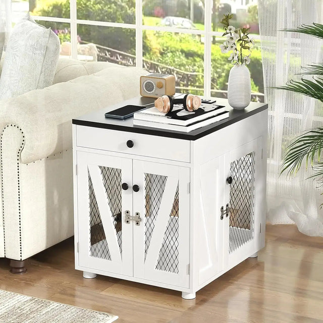Dog Crate Furniture, Wooden Dog Kennel End Table with USB Charging Station, Storage Drawer, Double Latched Door, Furnitu Allen Cozy Haven Store