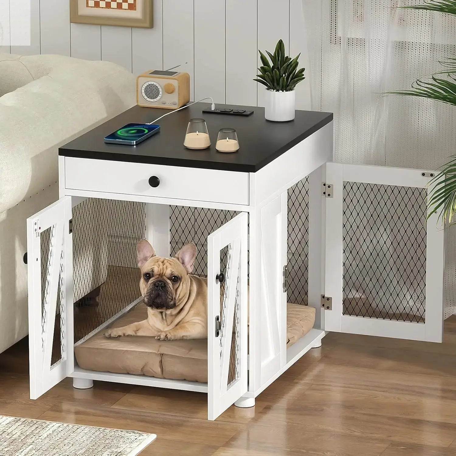 Dog Crate Furniture, Wooden Dog Kennel End Table with USB Charging Station, Storage Drawer, Double Latched Door, Furnitu Allen Cozy Haven Store