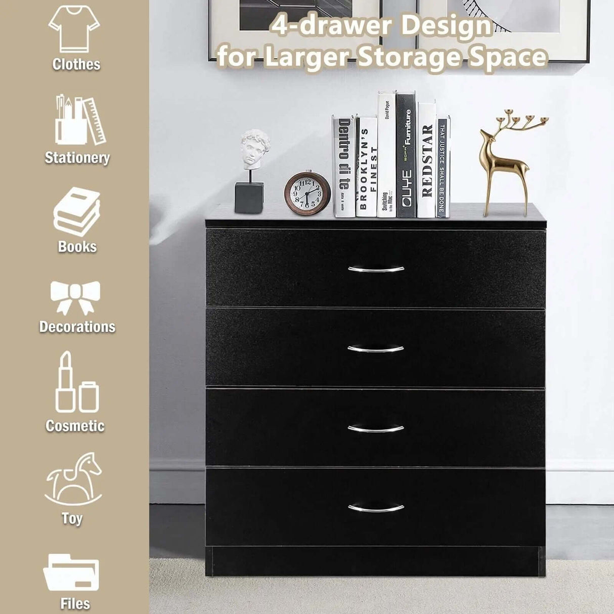 Elegant Black 4-Drawer Chest Dresser perfect for bedroom Allen Cozy Haven Store Elegant Black 4-Drawer Chest Dresser perfect for bedroom Allen Cozy Haven Store
