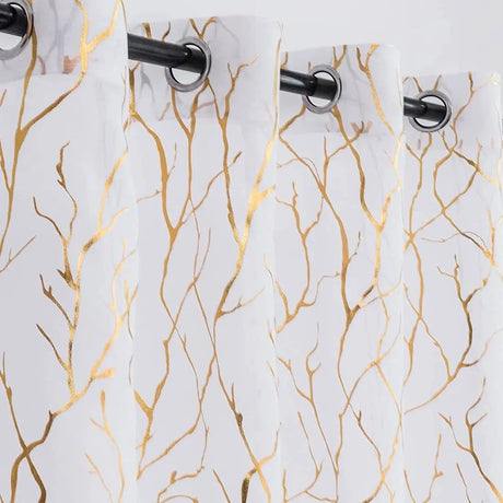 Elegant Tree Branch Sheer Curtains for Bedroom - Metallic Gold and White Grommet Window Treatment Set, 63 Inch Length, 2 Panels (52 x 63 Inch)-Allen Cozy Haven Store