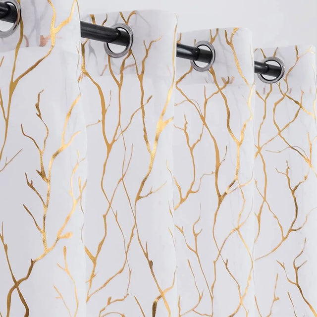 Elegant Tree Branch Sheer Curtains for Bedroom - Metallic Gold and White Grommet Window Treatment Set, 63 Inch Length, 2 Panels (52 x 63 Inch)-Allen Cozy Haven Store