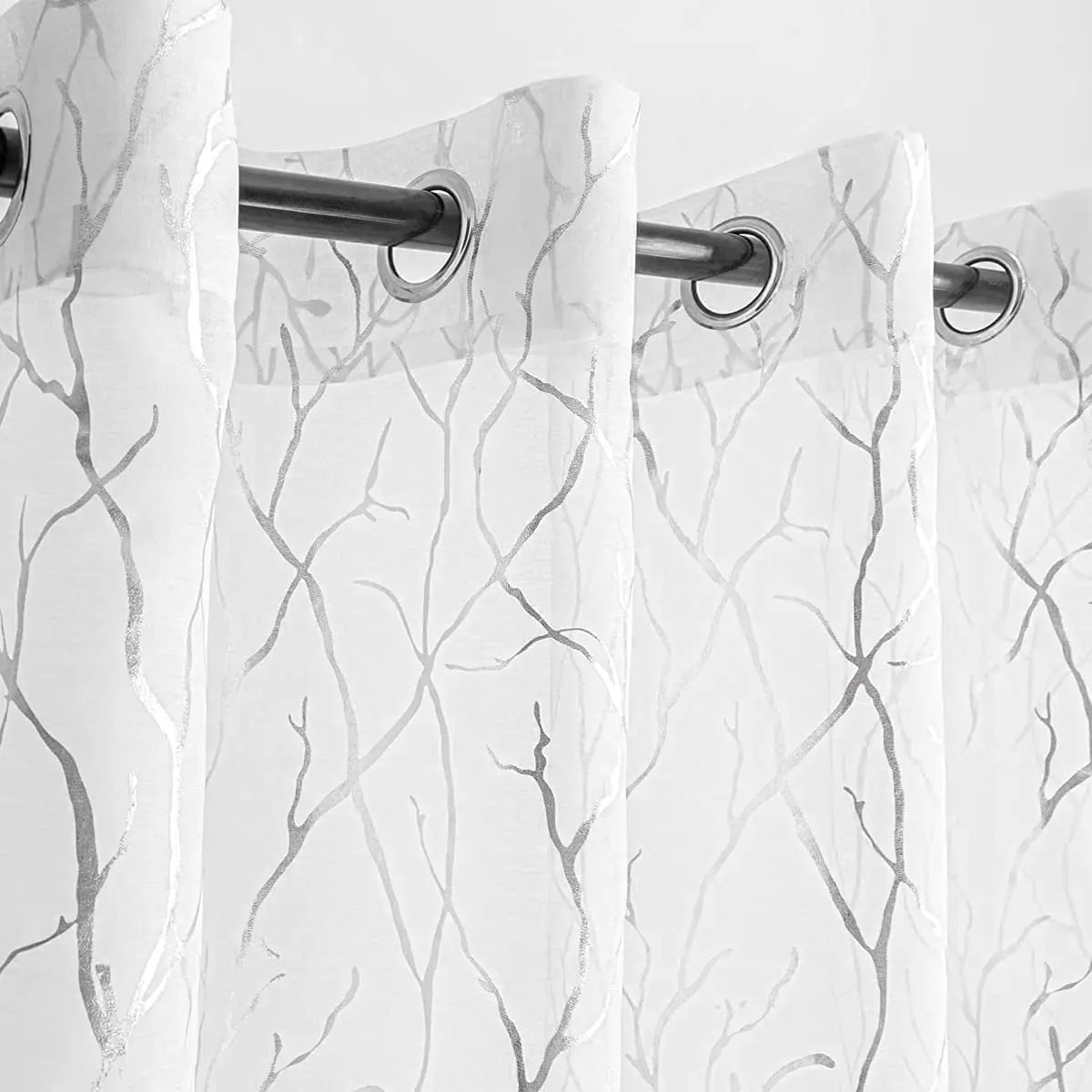 Elegant Tree Branch Sheer Curtains for Bedroom - Metallic Gold and White Grommet Window Treatment Set, 63 Inch Length, 2 Panels (52 x 63 Inch)-Allen Cozy Haven Store