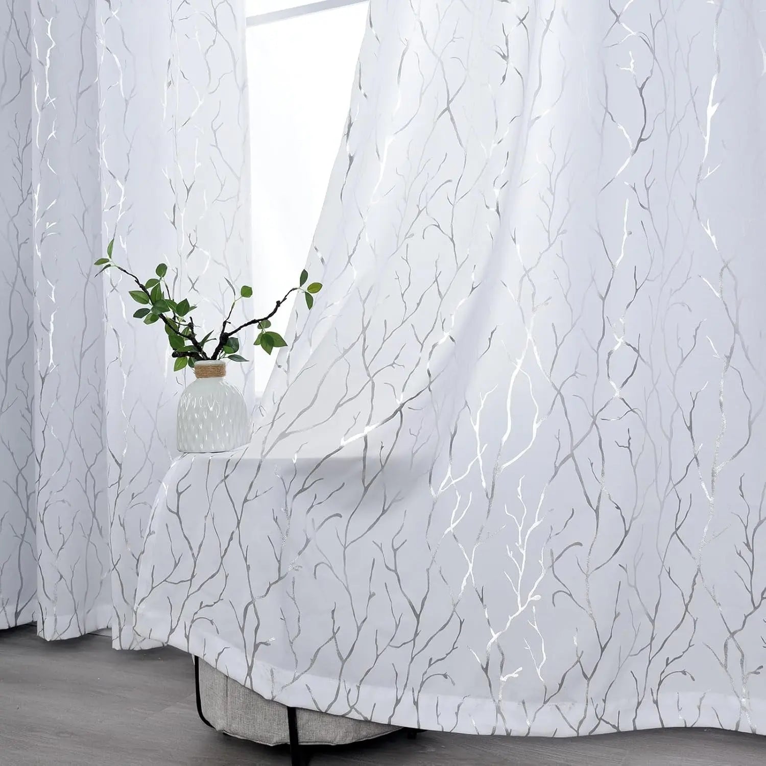 Elegant Tree Branch Sheer Curtains for Bedroom - Metallic Gold and White Grommet Window Treatment Set, 63 Inch Length, 2 Panels (52 x 63 Inch)-Allen Cozy Haven Store