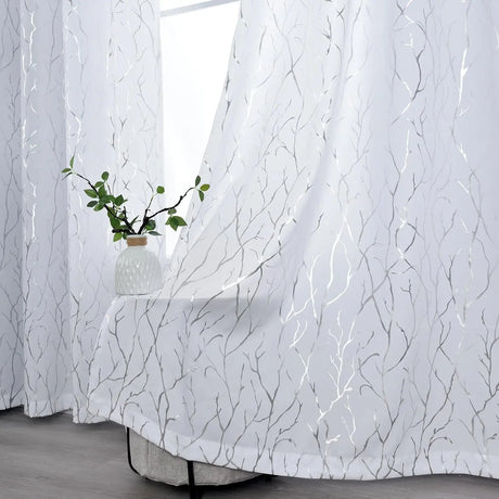 Elegant Tree Branch Sheer Curtains for Bedroom - Metallic Gold and White Grommet Window Treatment Set, 63 Inch Length, 2 Panels (52 x 63 Inch)-Allen Cozy Haven Store