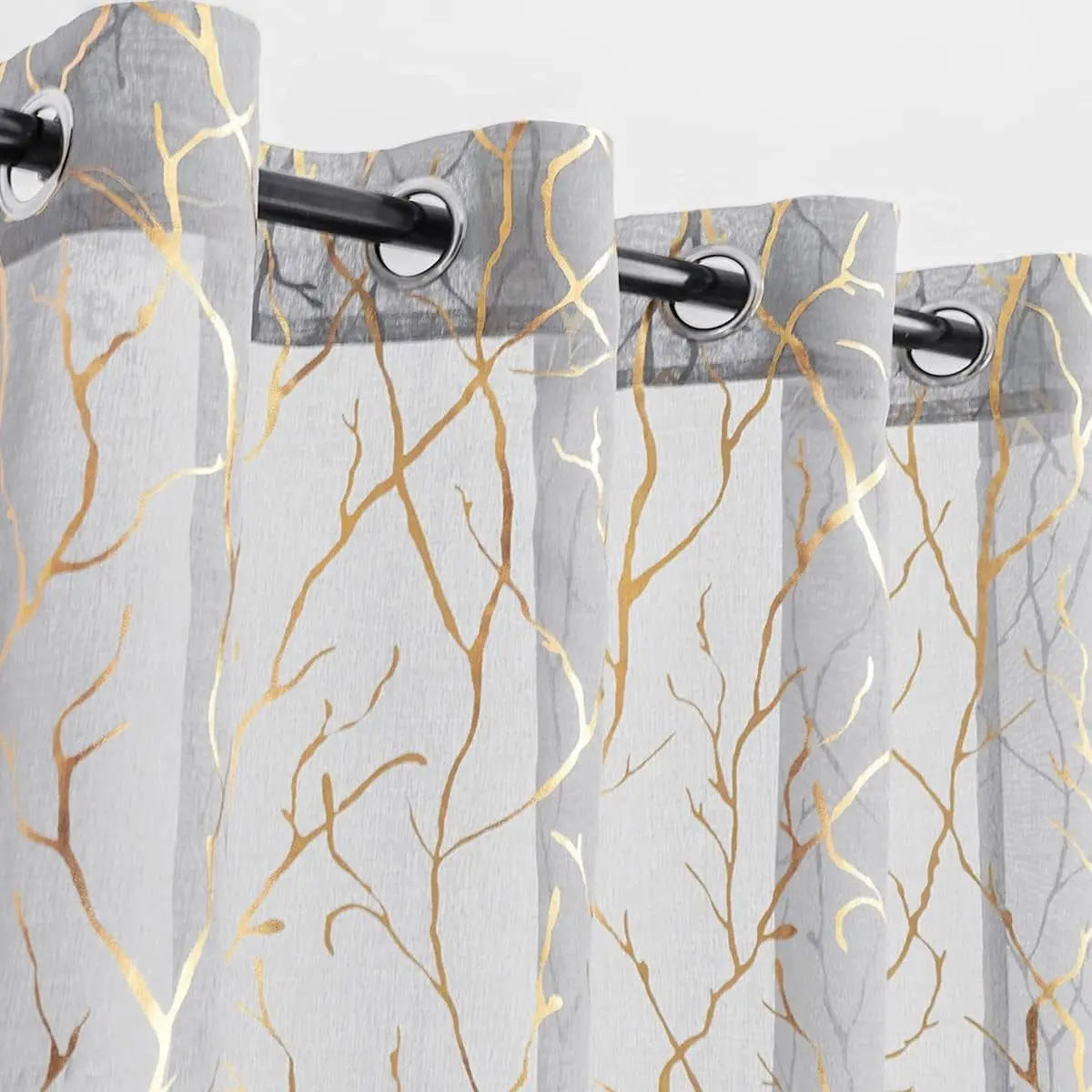 Elegant Tree Branch Sheer Curtains for Bedroom - Metallic Gold and White Grommet Window Treatment Set, 63 Inch Length, 2 Panels (52 x 63 Inch)-Allen Cozy Haven Store
