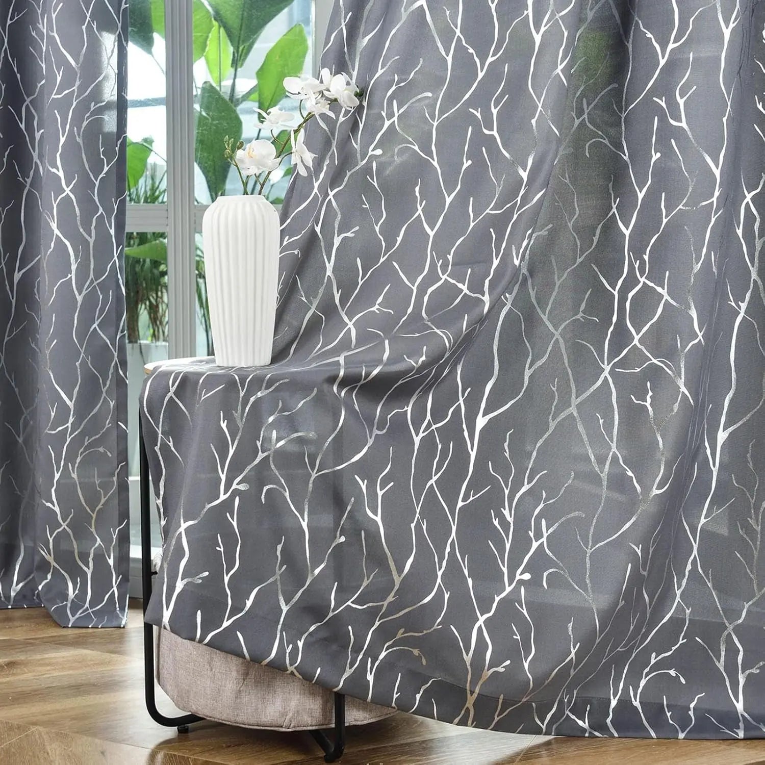 Elegant Tree Branch Sheer Curtains for Bedroom - Metallic Gold and White Grommet Window Treatment Set, 63 Inch Length, 2 Panels (52 x 63 Inch)-Allen Cozy Haven Store