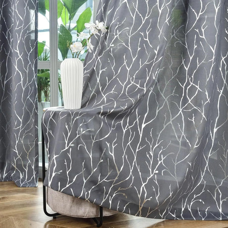 Elegant Tree Branch Sheer Curtains for Bedroom - Metallic Gold and White Grommet Window Treatment Set, 63 Inch Length, 2 Panels (52 x 63 Inch)-Allen Cozy Haven Store