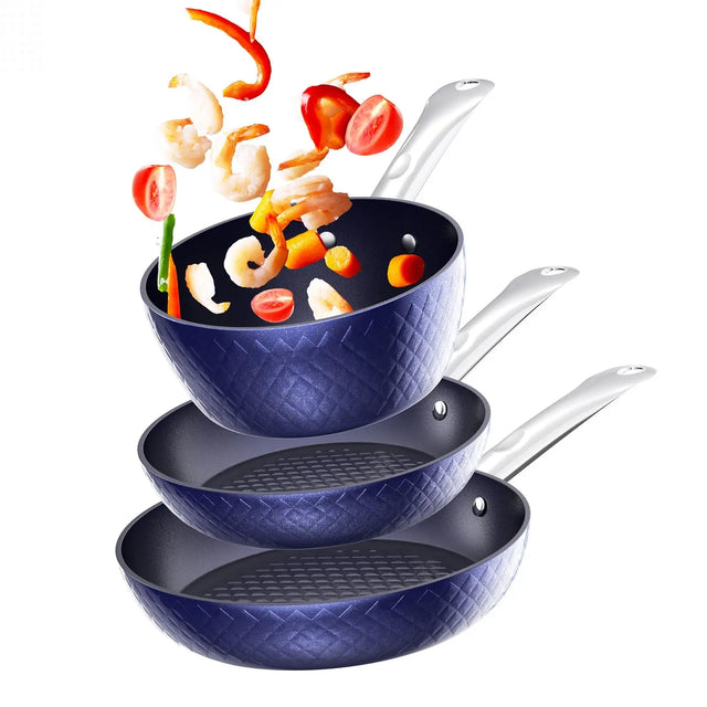 Frying Pan Sets Non Stick 3Pieces Blue 3D Diamond Cookware Allen Cozy Haven Store