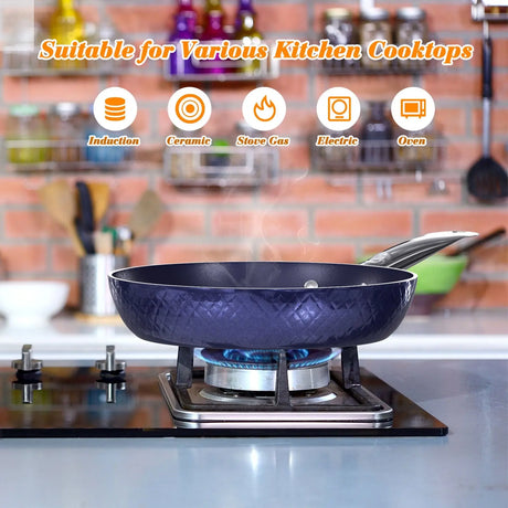 Frying Pan Sets Non Stick 3Pieces Blue 3D Diamond Cookware Allen Cozy Haven Store