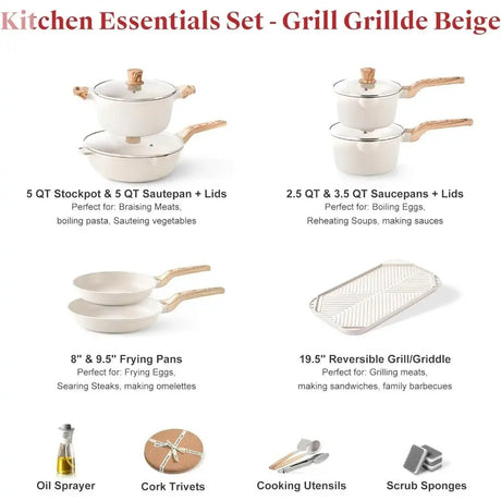 Granite Nonstick Cookware Set, 20-Piece Kitchen Pots and Pans, Induction Compatible, Grayish Color Allen Cozy Haven Store