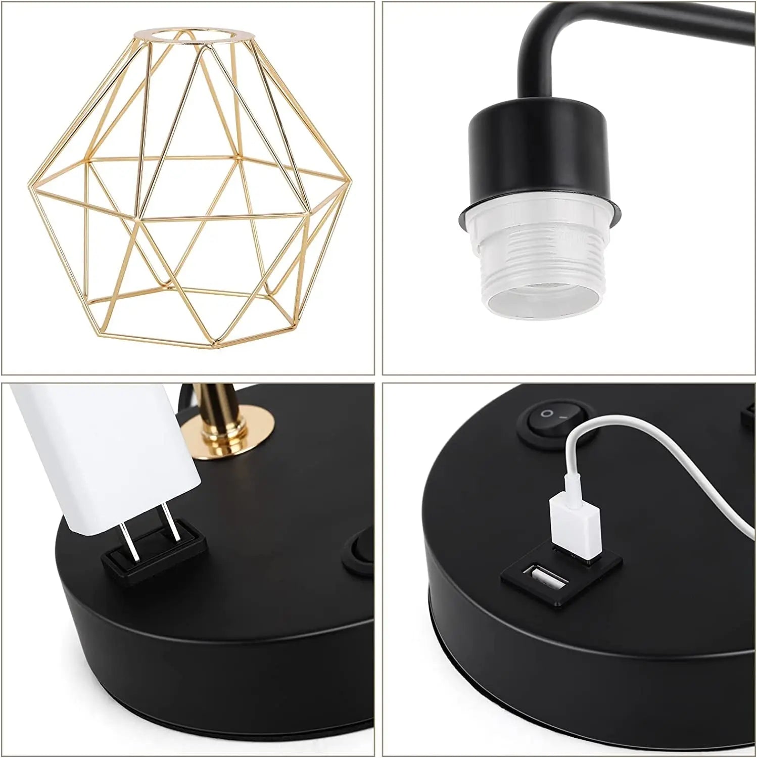Industrial USB Desk Lamp, Edison Desk Lamp Gold Metal Cage Table Lamp with 2 USB Ports and 1 AC Outlet-Allen Cozy Haven Store