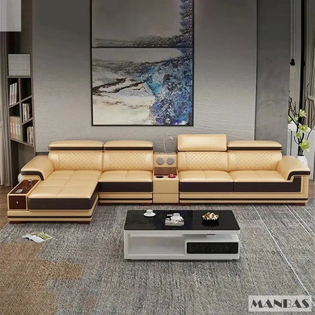 Italian Genuine Leather Sectional Sofa Set with Adjustable Headrests and Bluetooth Speaker Allen Cozy Haven Store