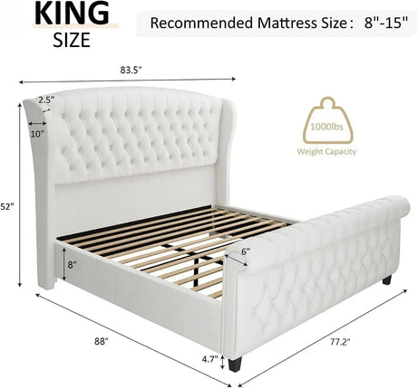 King Size Platform Bed Frame, Chenille Upholstered Sleigh Bed with Scroll Wingback Headboard & Footboard/Button Tufted Cream Allen Cozy Haven Store