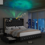 LED Bed Frame with Galaxy Star Projector, 2 Drawers, 52" PU Headboard with Charging Station, Noise Free, No Box Spring Allen Cozy Haven Store