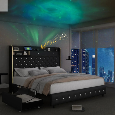 LED Bed Frame with Galaxy Star Projector, 2 Drawers, 52" PU Headboard with Charging Station, Noise Free, No Box Spring Allen Cozy Haven Store